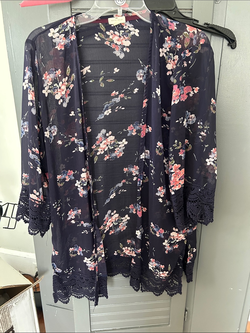 Women's Navy Floral Lace-Trim Kimono - Unknown Brand